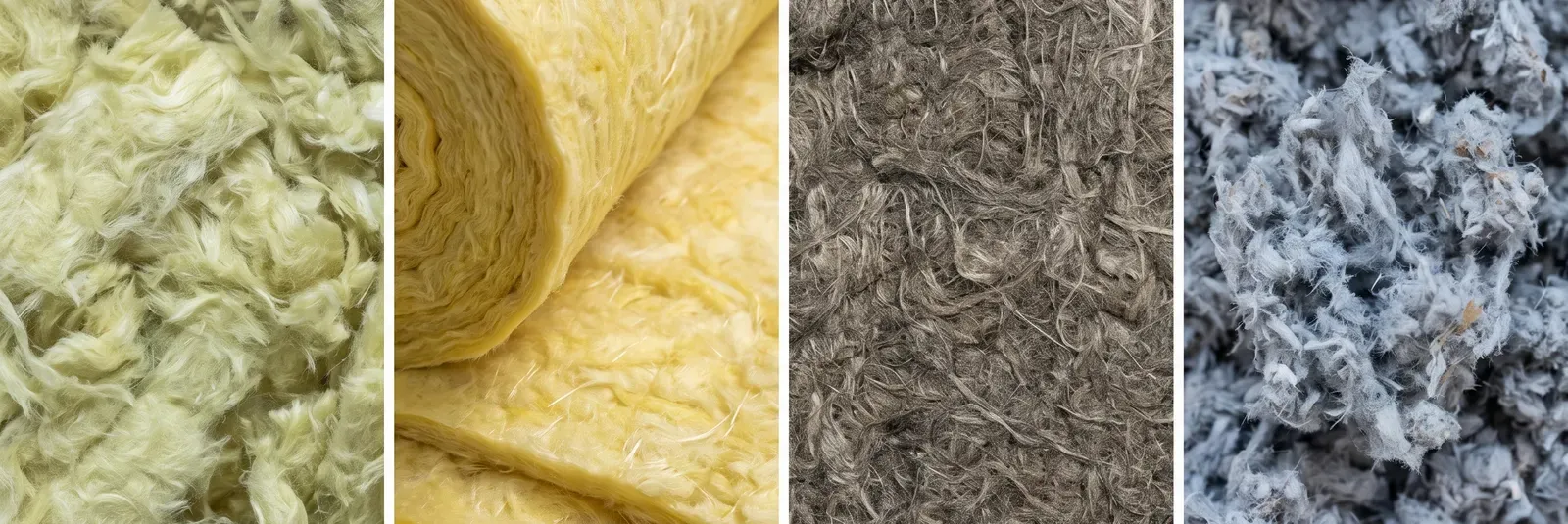 Quatre isolants compatibles avec la cloche CX5 : laine soufflée, laine déroulée, laine de roche et ouate de cellulose