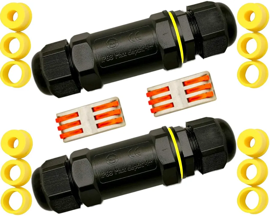 Connecteur étanche IP68 2 voies en ligne, lot de 2 avec bornes à levier et bagues